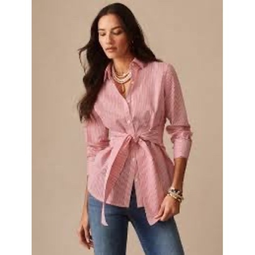 J.McLaughlin Margaux Red White Striped Tie Waist Button Down Shirt Womens Medium